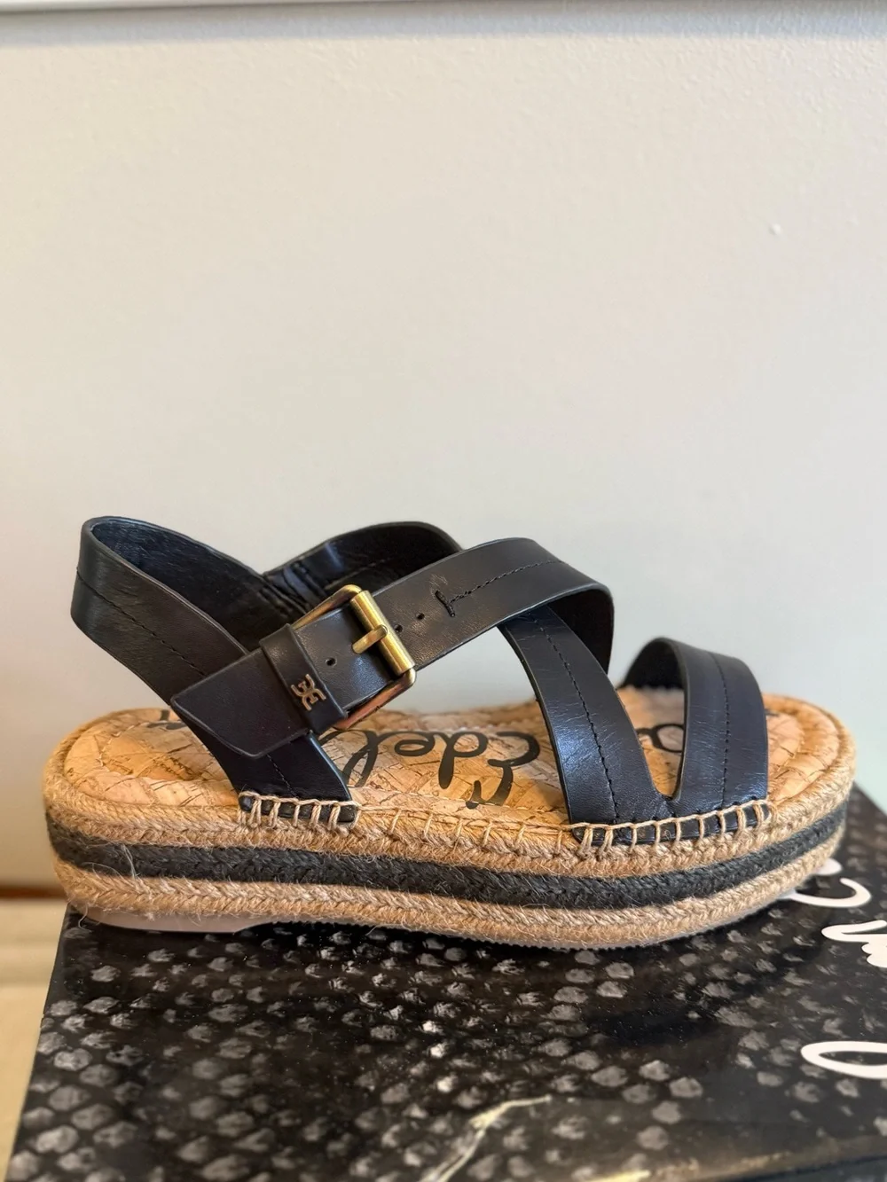 Sam Edelman Aisling Black Leather Espadrille Platform Sandal NEW
